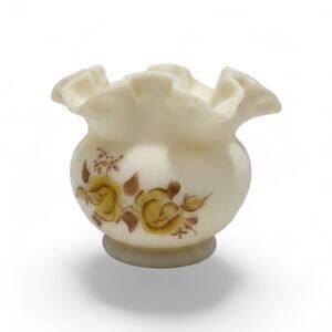Vintage Fenton Custard Satin Glass Ruffle Vase Rose Bowl Hand Painted Signed